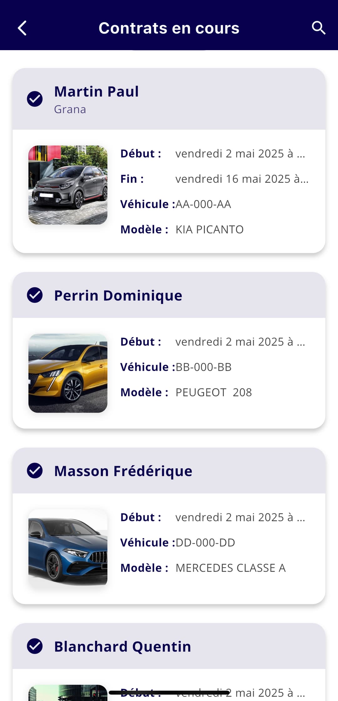 Interface de gestion des contrats en cours